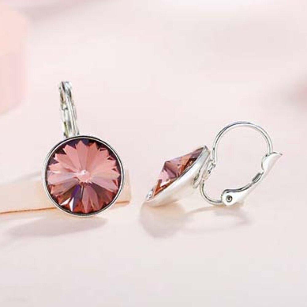 Silver Round Garnet Brown Diamond Crystal Drop Hoop Earrings Gorgeous Gift - Picture 3 of 6